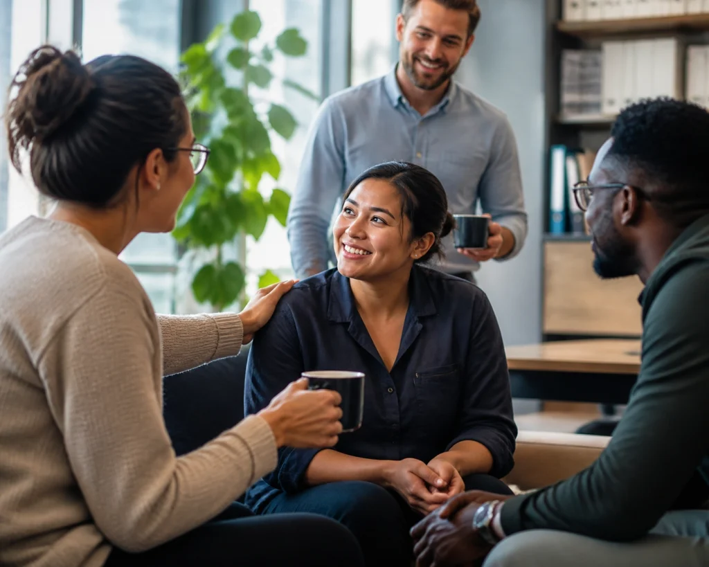 A supportive office team showing a culture of care and connection for a grieving coworker.