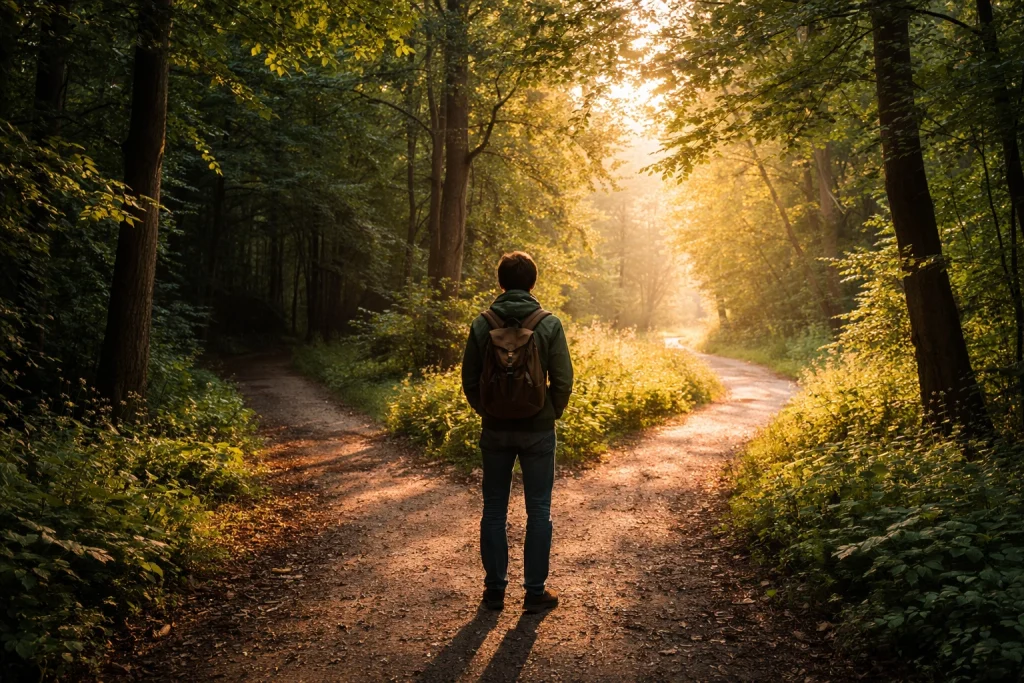 A person stands at a crossroads on a sunlit forest path, symbolizing resilience and the choice to move forward after loss.