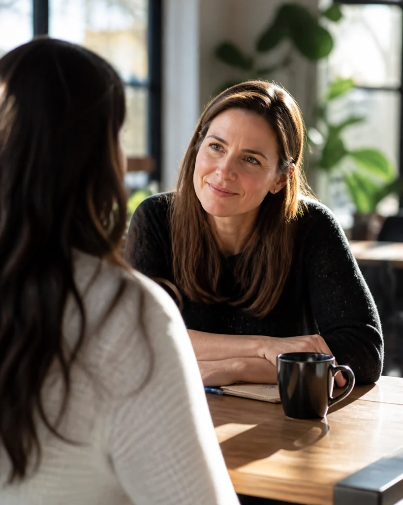 A leader showing genuine empathy and active listening during a 1-on-1 meeting.