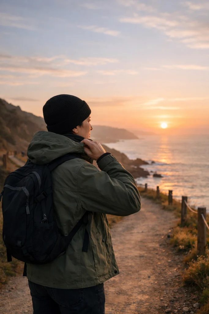 A person standing on a coastal path at sunrise, embodying personal resilience and the strength to move forward.