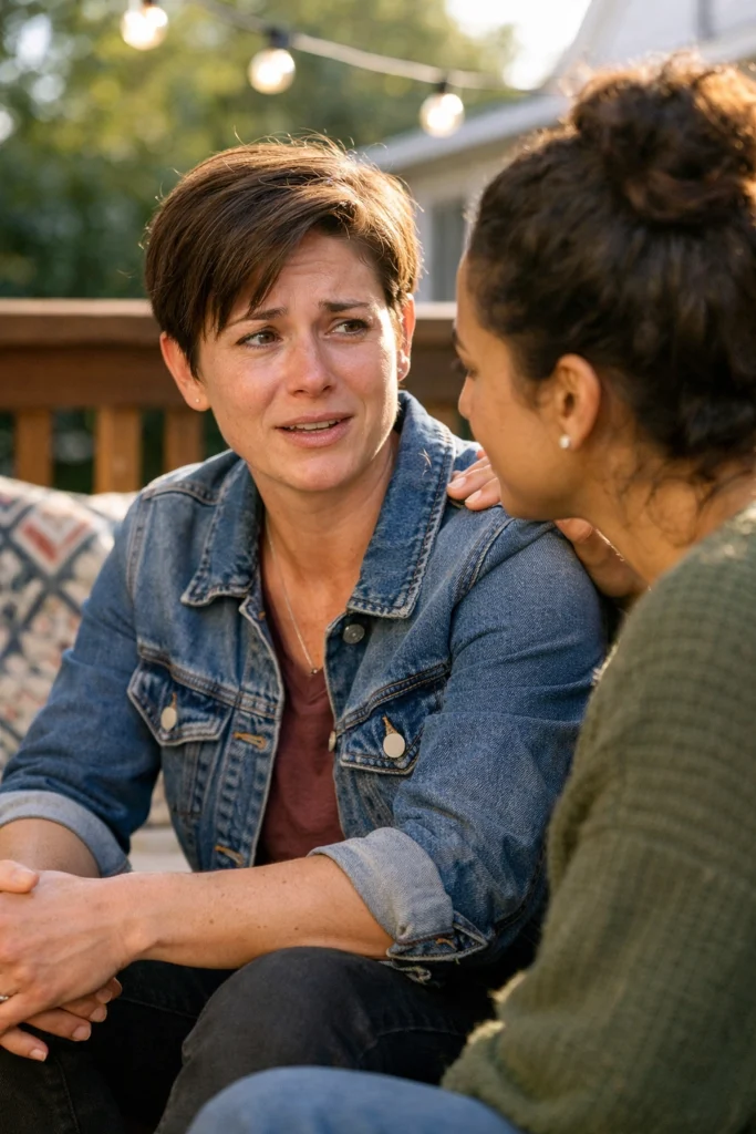 Two friends talking on a porch, showing how authentic vulnerability builds deep human connection and strength.