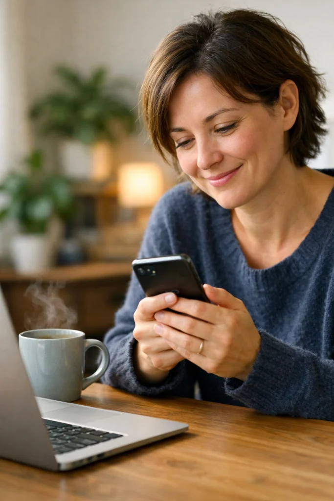 Remote employee receiving a supportive message while grieving, illustrating digital connection in a virtual office.