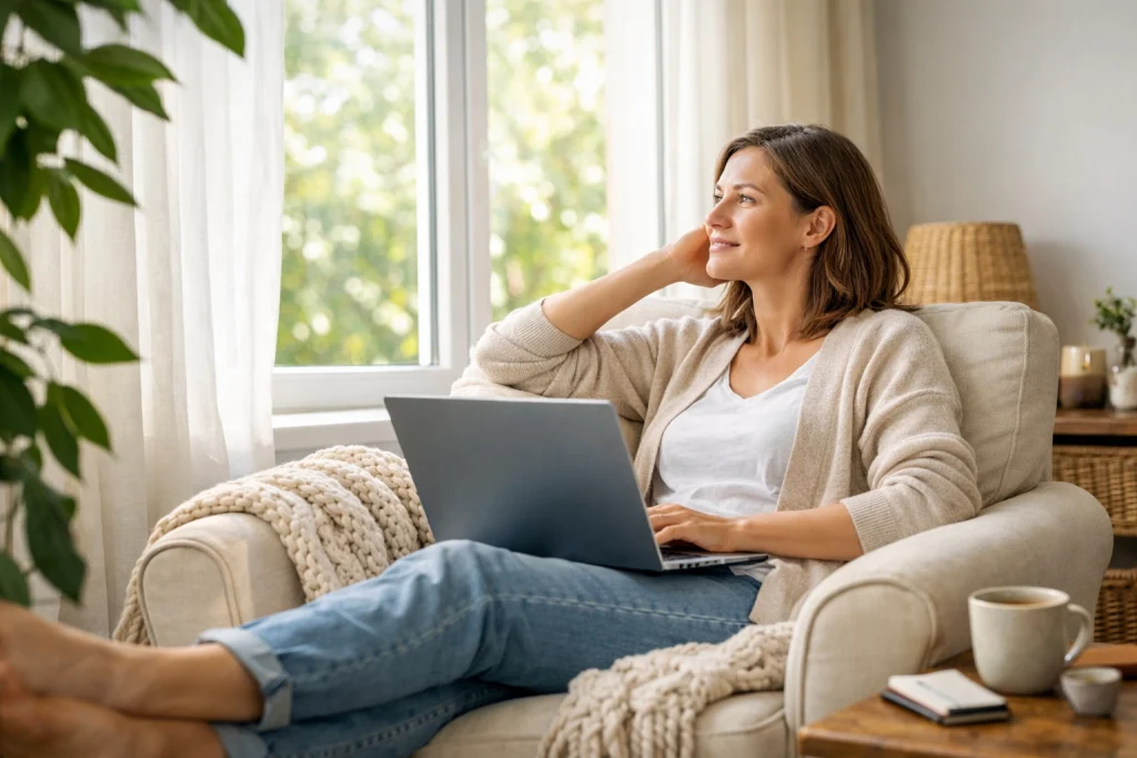 A remote team member working flexibly from home, highlighting the importance of mental health and grief support.