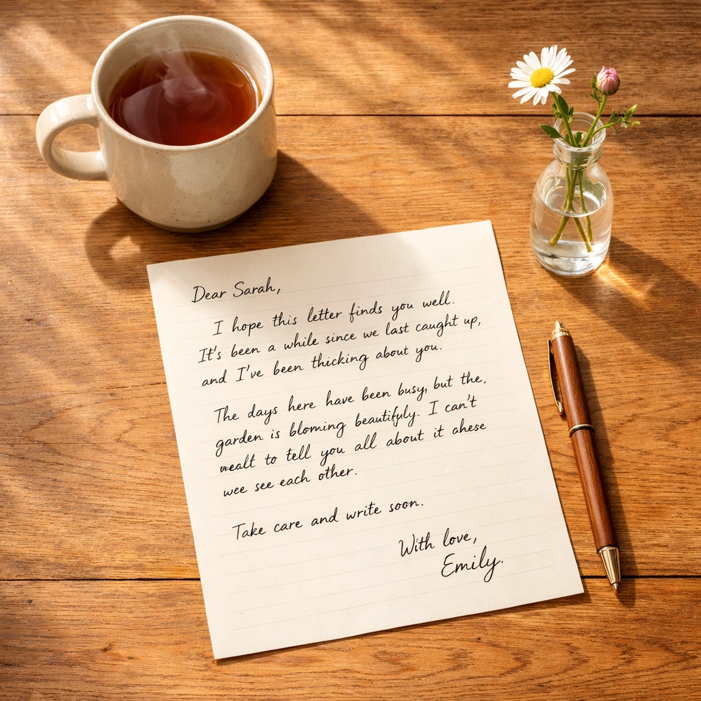 Personal handwritten letter and tea on a wooden table illustrating authentic communication surrounding grief.