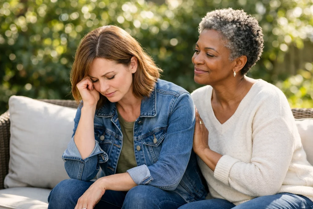 Two people sharing a quiet moment on a bench, illustrating supportive presence and listening during grief.
