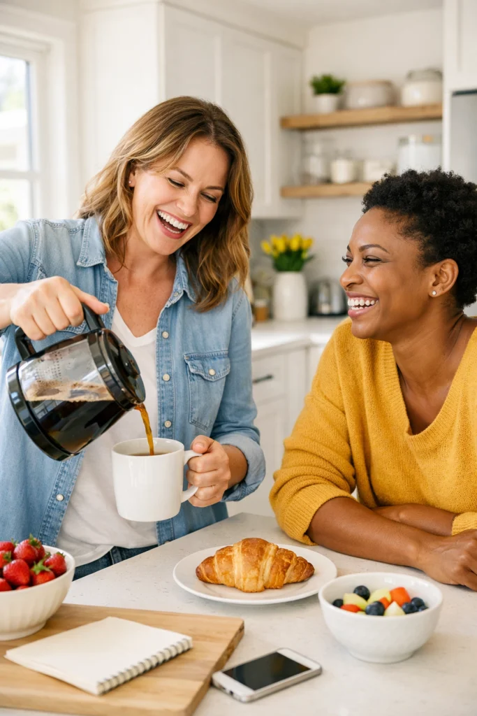 Two friends sharing a laugh in a sunlit kitchen, representing hope and connection in communication after loss.
