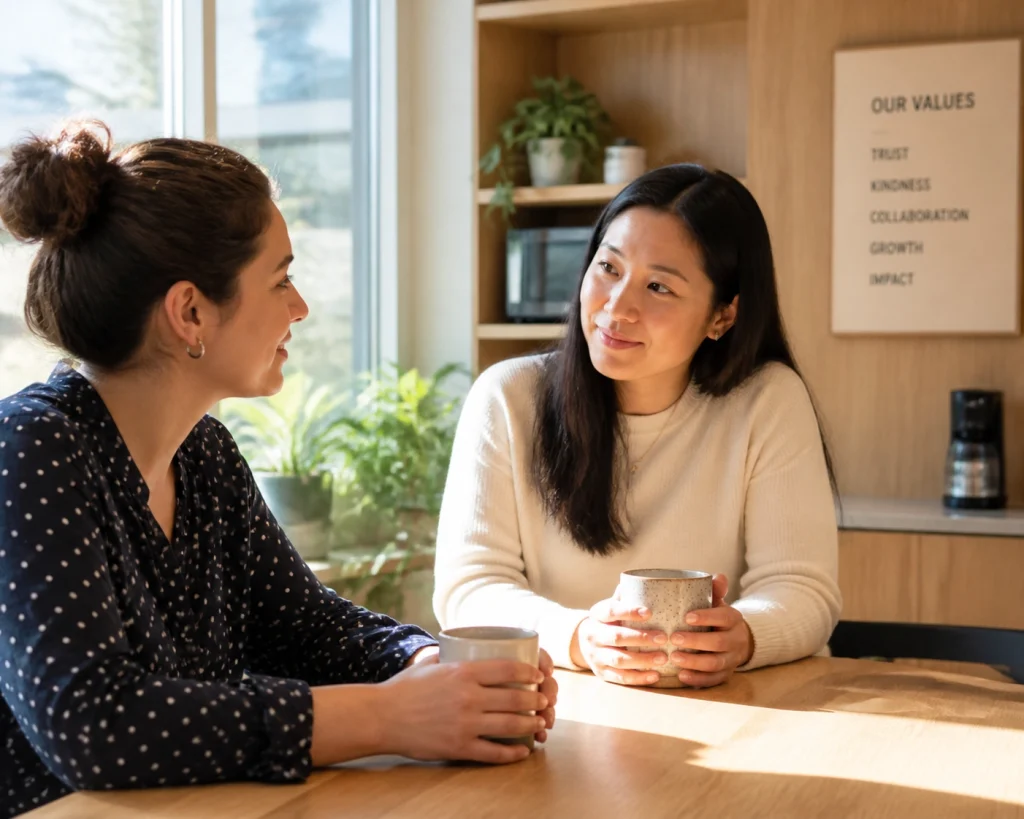 Colleagues showing workplace empathy and grief support through active listening in an office breakroom.