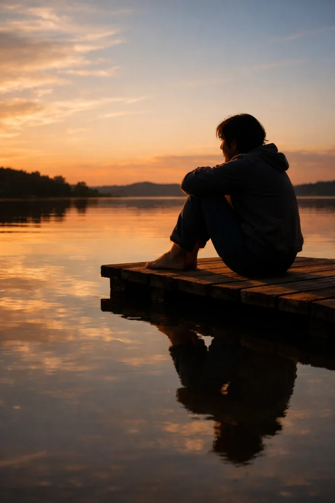 Person sitting peacefully on lake dock reflecting on grief and building resilience after loss