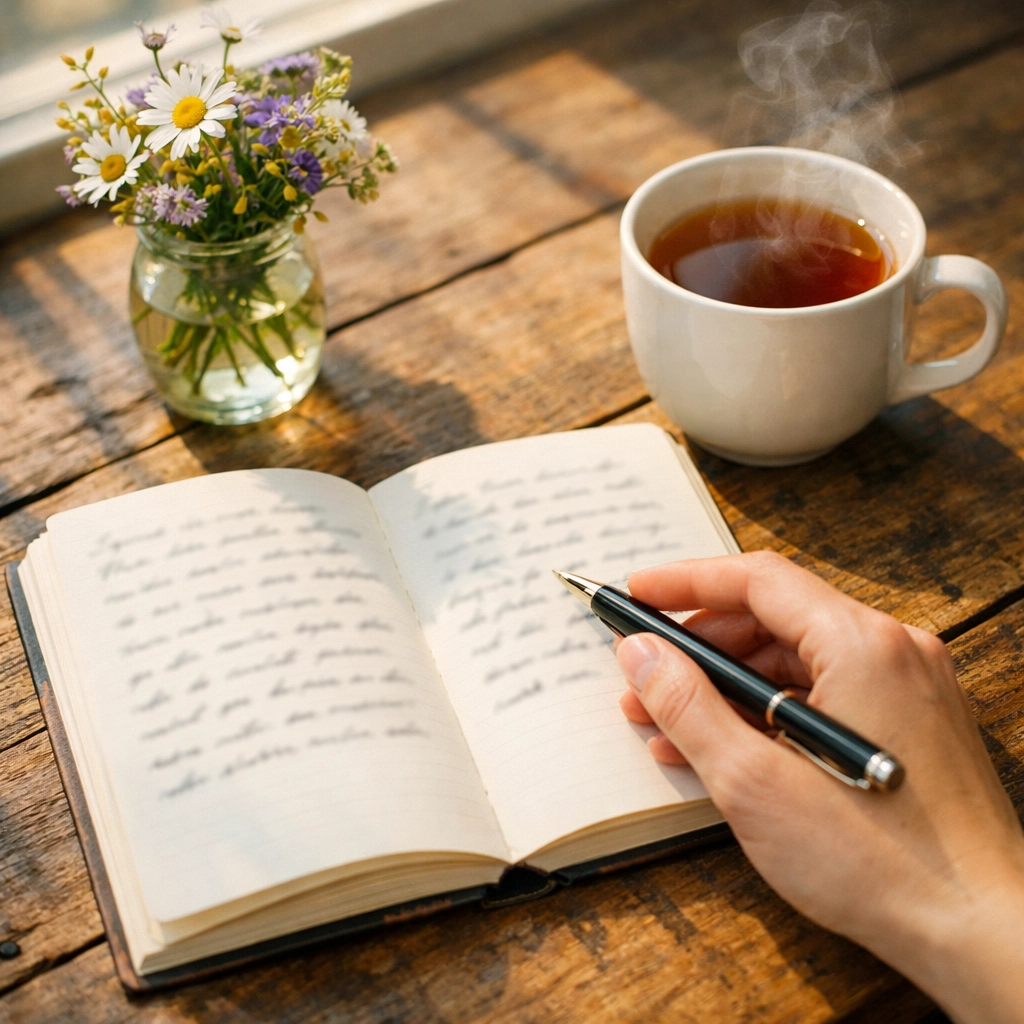 Journal and tea on table representing self-care and mindful grief processing