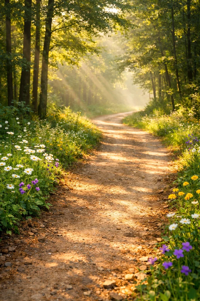 Sunlit forest path symbolizing the journey of healing and finding purpose after loss