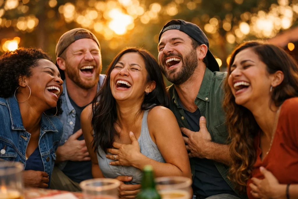 Friends laughing together during grief showing healthy coping and emotional support
