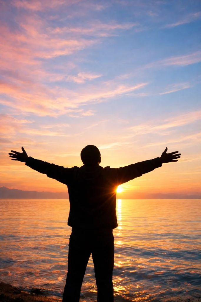 Person standing peacefully at sunrise showing resilience and hope after loss
