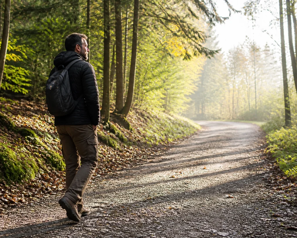 Person walking slowly on a forest path, representing the rhythm of resilience after loss.
