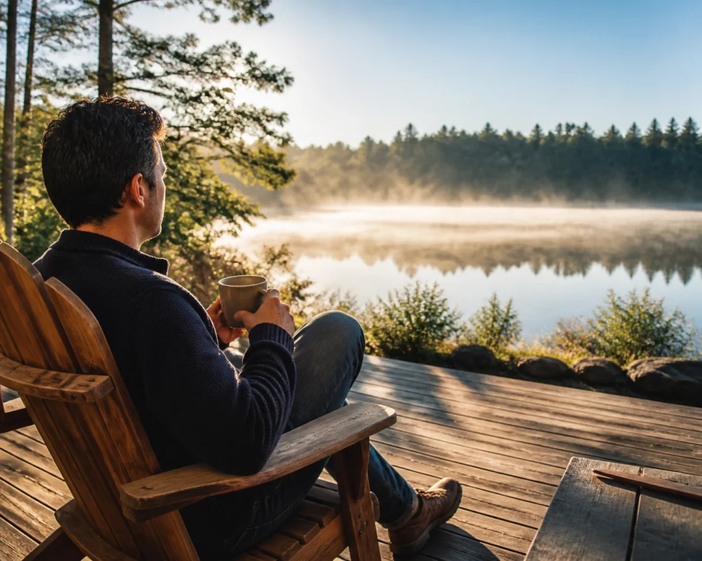 A peaceful man resting on a sun-drenched deck, valuing quiet moments and finding a sustainable pace of healing.