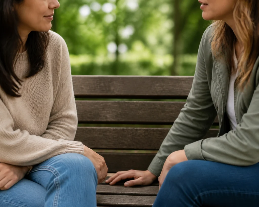 Two friends on a park bench, showing the importance of community support and presence in reclaiming your pace.