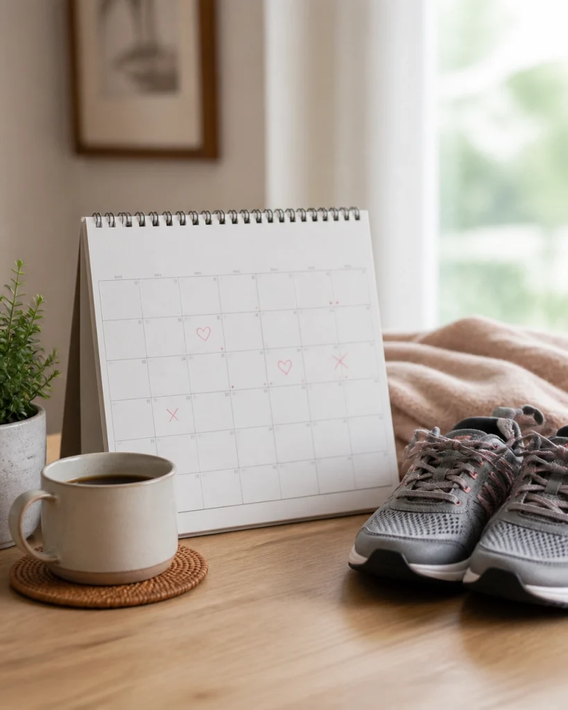 A quiet home scene with a calendar, walking shoes, and coffee representing the new routines of grief