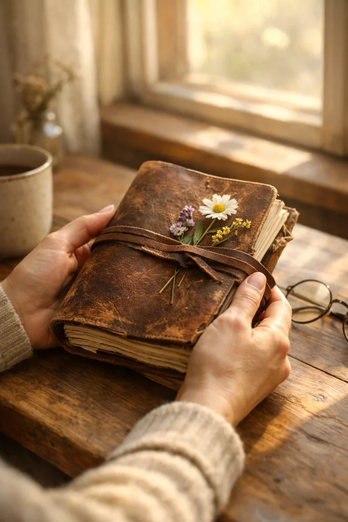 Hands holding journal with pressed flowers representing memories and grief without timeline