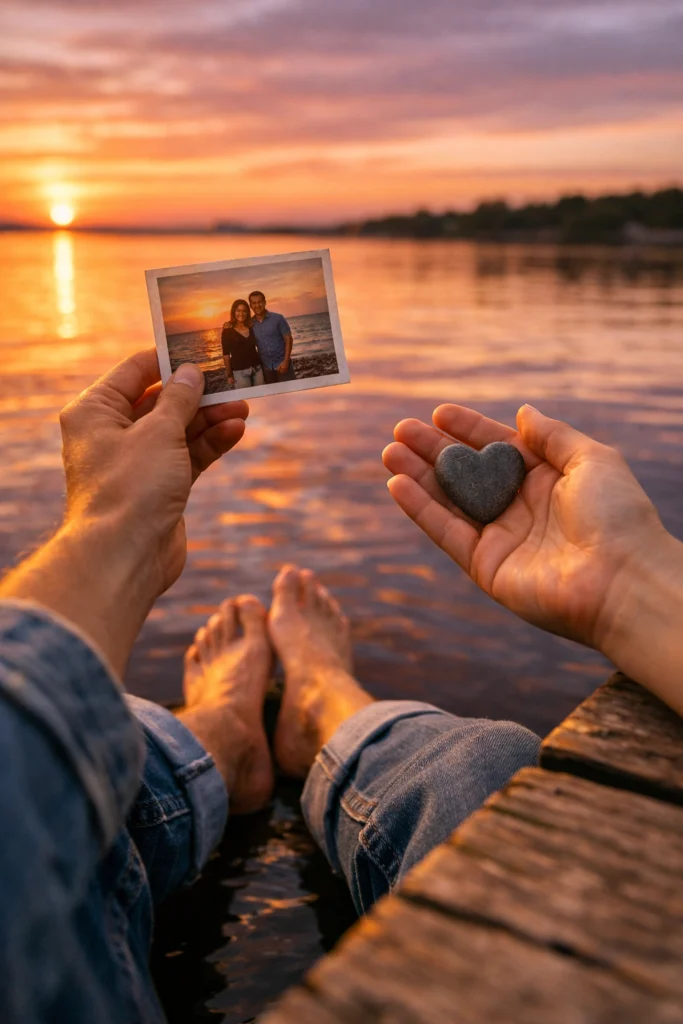 Person reflecting on dock at sunset holding photograph and memento from loved one