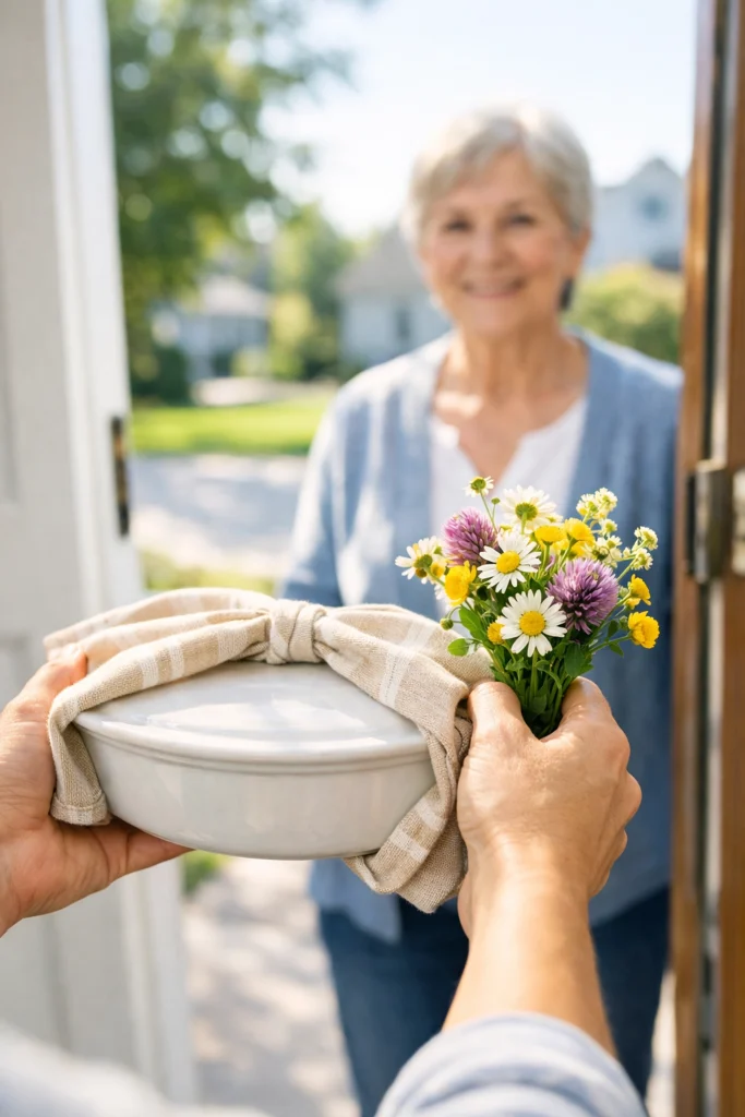 A neighbor offering practical support with a meal to someone finding hope after tragedy.