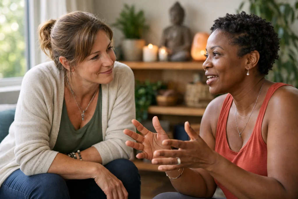 Two people sharing a heartfelt, honest conversation about loss and grief in a bright wellness studio.