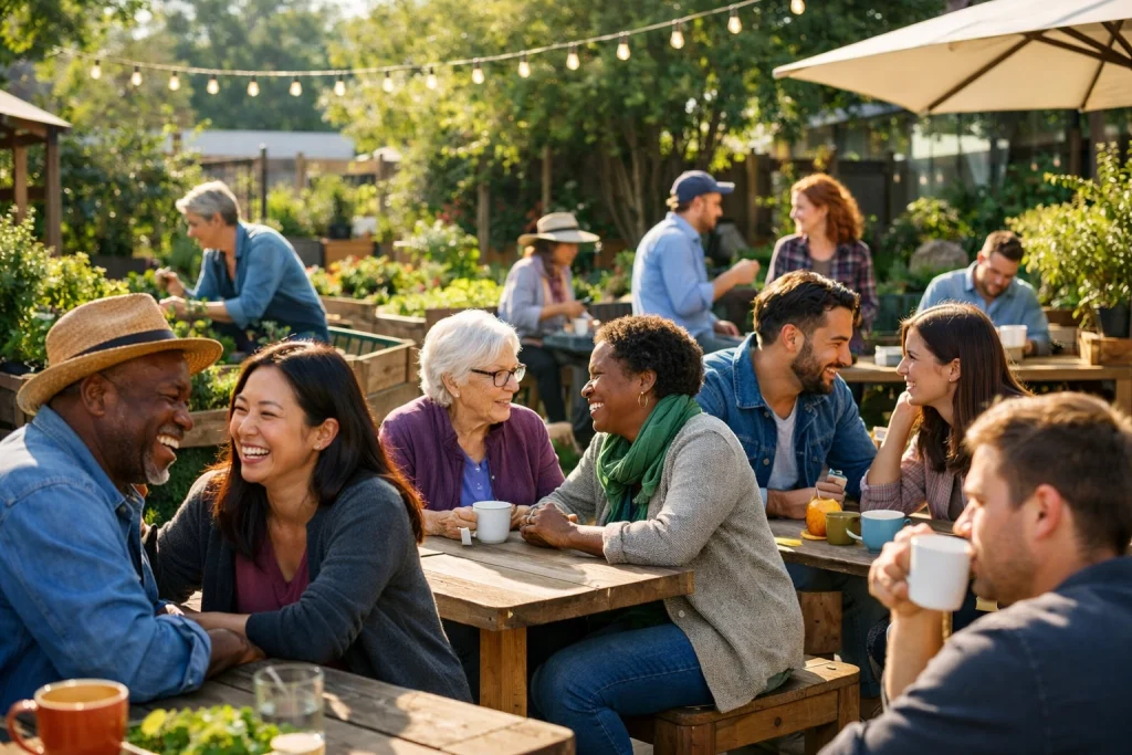 A diverse group of people interacting in a public park, representing shared humanity and hidden life stories.