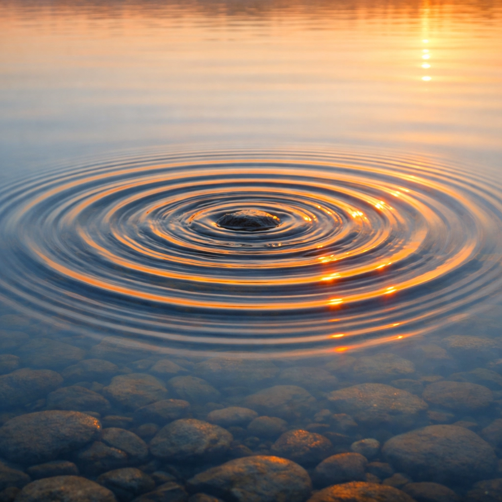Concentric water ripples from a single stone at sunset, representing the individual impact of kindness.