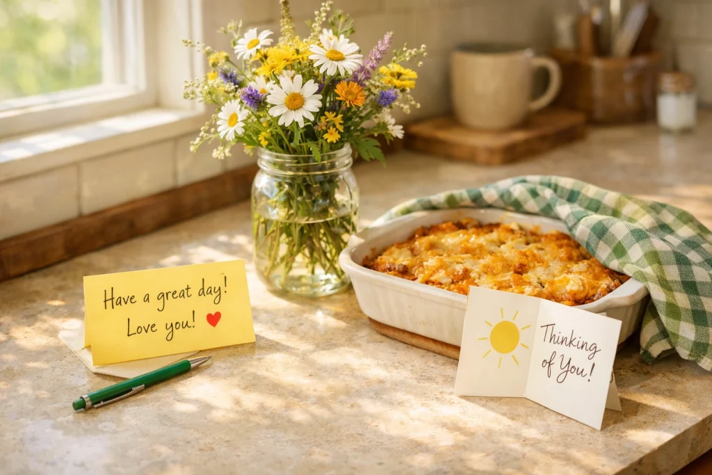 Kitchen counter with handwritten notes, flowers, and casserole showing small acts of kindness
