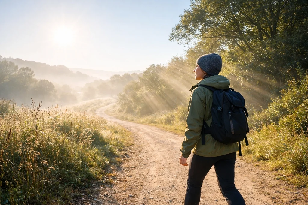 A person walking a sunlit nature path, symbolizing the journey of finding hope after tragedy and loss.
