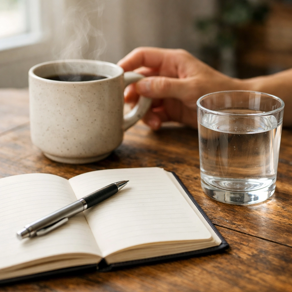 Journal and tea on a sunlit table, representing small daily actions for building resilience after loss.